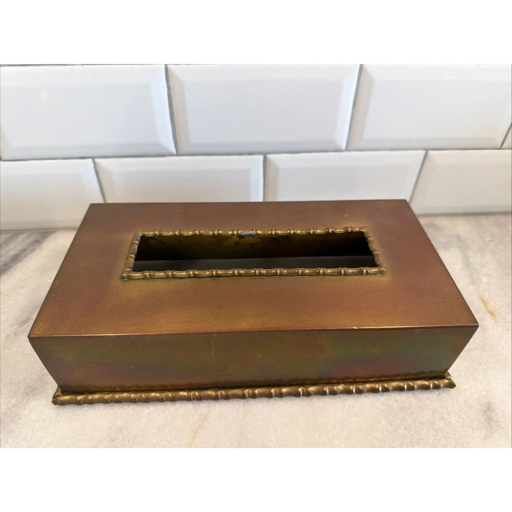Vintage‎ Hollywood REGENCY Bronzed Brass Tissue Box Cover Bamboo Trim Look ES004